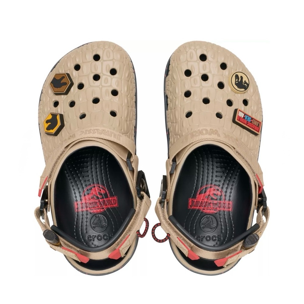 NWT CROCS Jurassic World Classic Clog J6 / M7/W9 Beige Orange Black Red Dinosaur